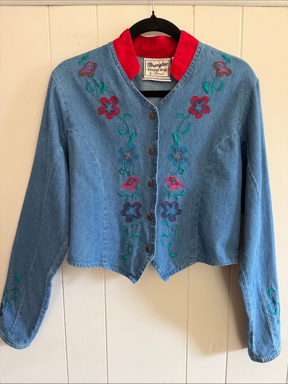 Vintage Wrangler Western Wear Embroidered Long Sleeve Cropped Medium Rodeo Boho